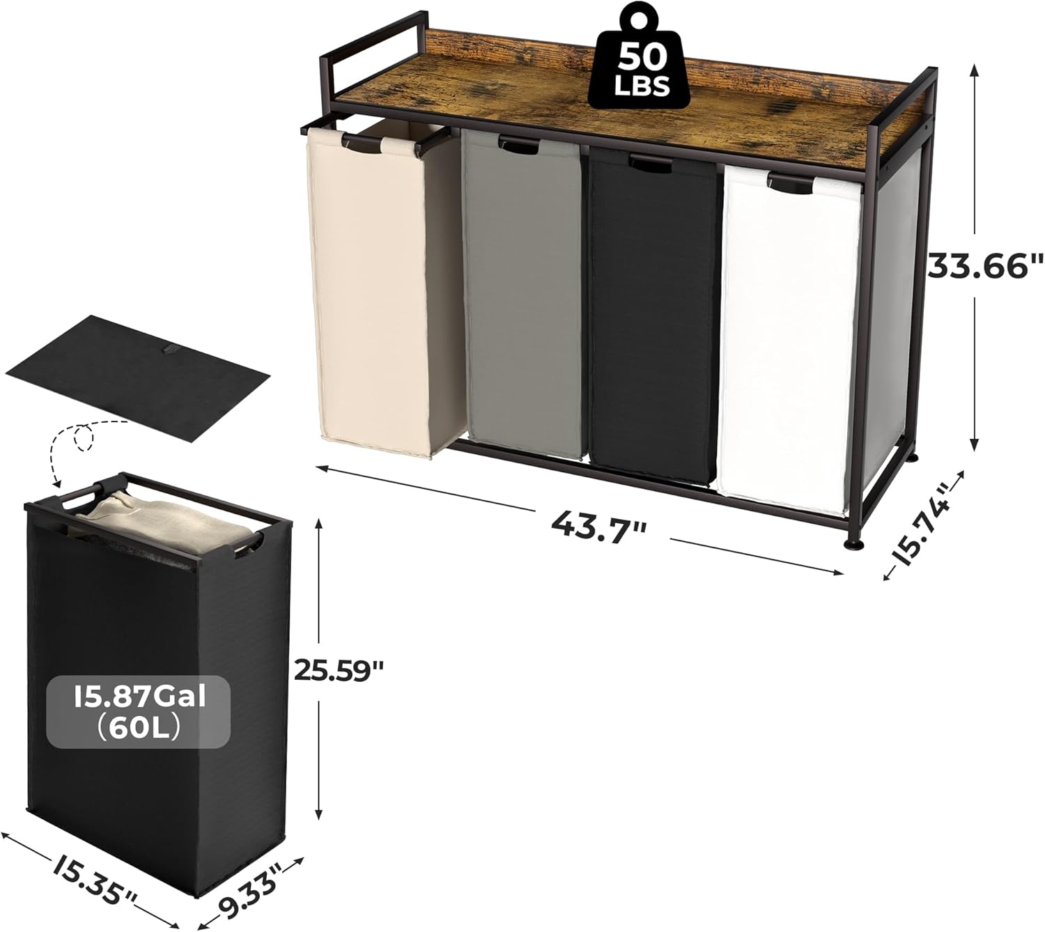 Laundry Hamper with Shelf, Laundry Basket 4 Section, Laundry Sorter with Pull-Out Removable Large 4 Color Bags and Movable Wheels, Metal Frame, 4 x 15.87 Gallons (60L), Rustic Brown PF07XLN