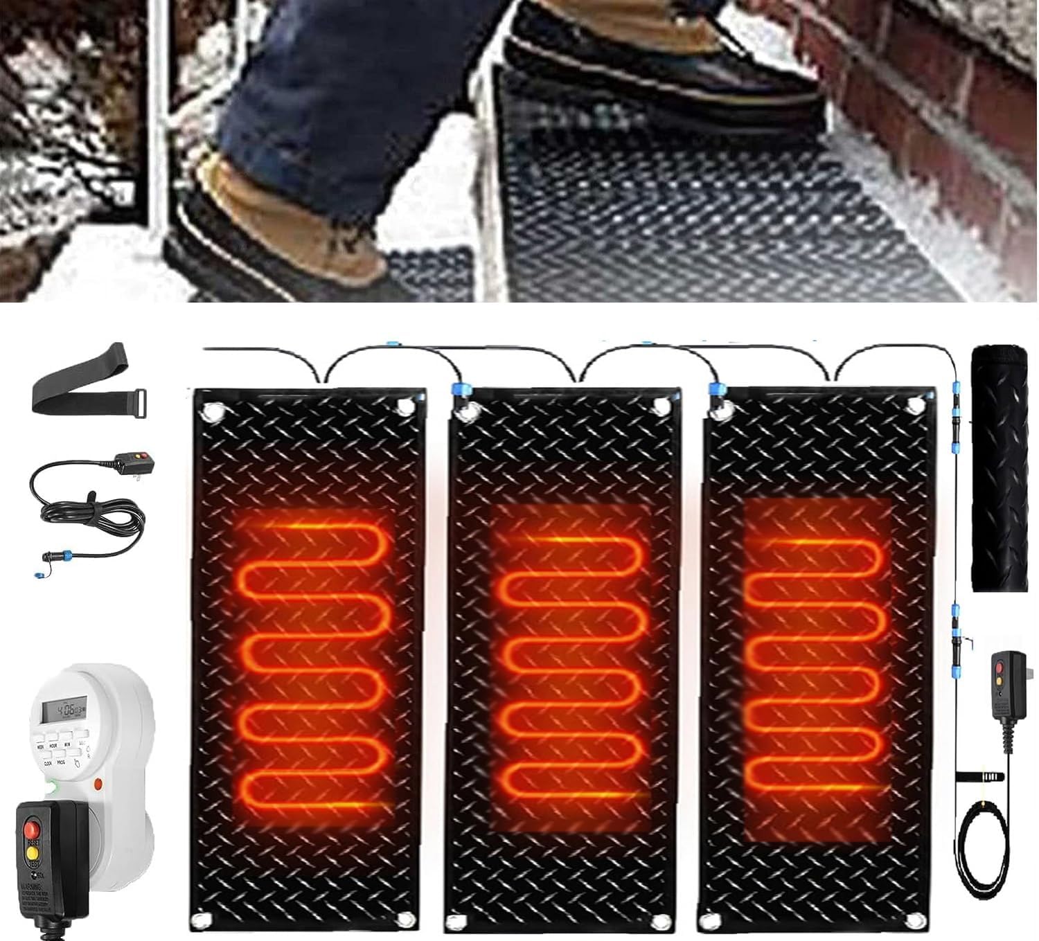 Snow Melting Mat with Timer, Stairs Non-Slip Heated Outdoor Mats, Snow Melting Mats with Timer for Winter Outdoor Stairs, Steps, Doorways, Walkways, Driveway(3 Pcs-10in x 35.4in (25.4x90 cm))