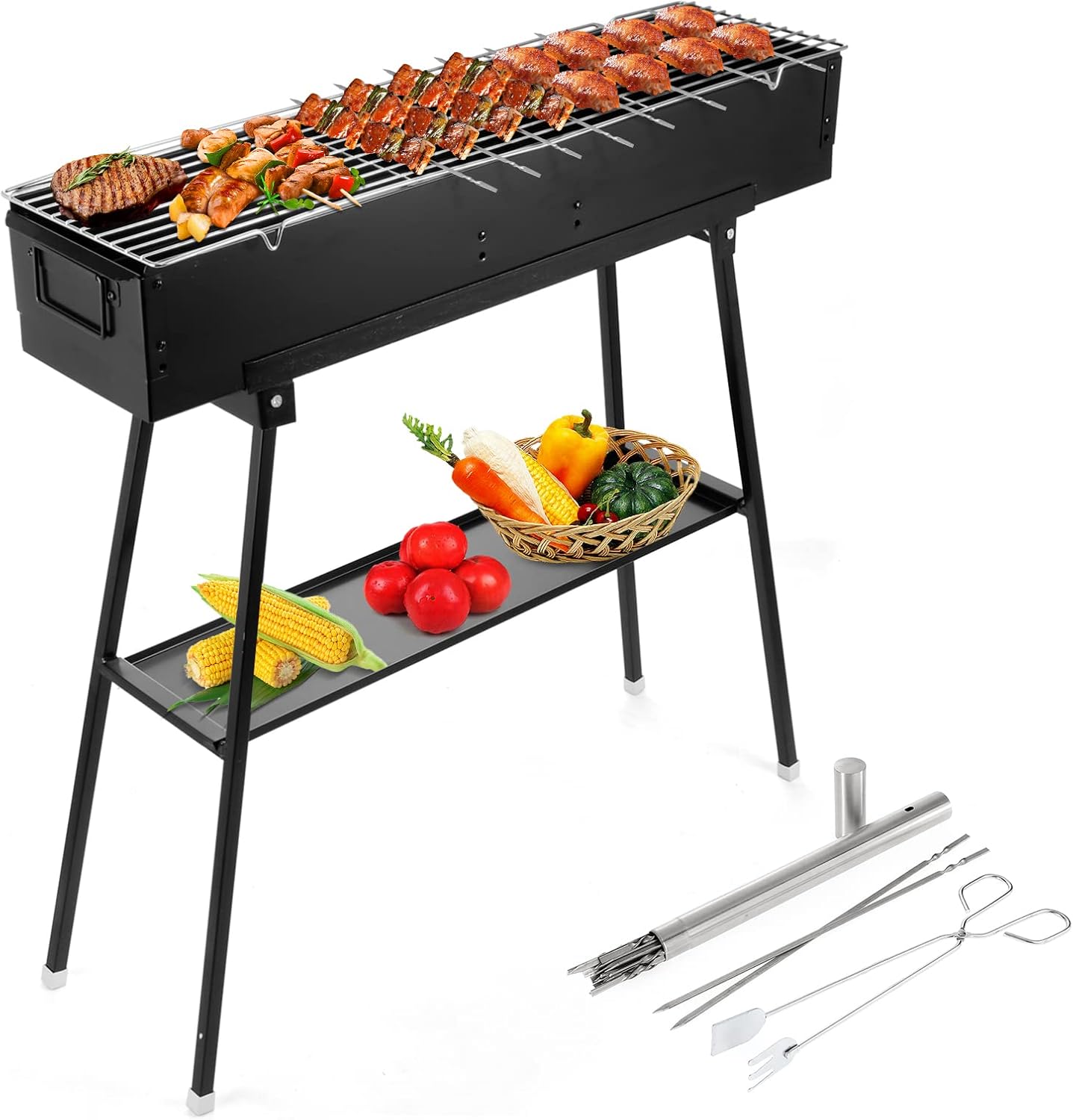 IRONWALLS Portable Charcoal Grills Outdoor Cooking, Rectangular Folded Barbecue Grill 32”, Stainless Steel Lamb Skewer Grill with 25pcs Kebab Skewer & Storage Shelf for Camping, Picnic, Commercial Use