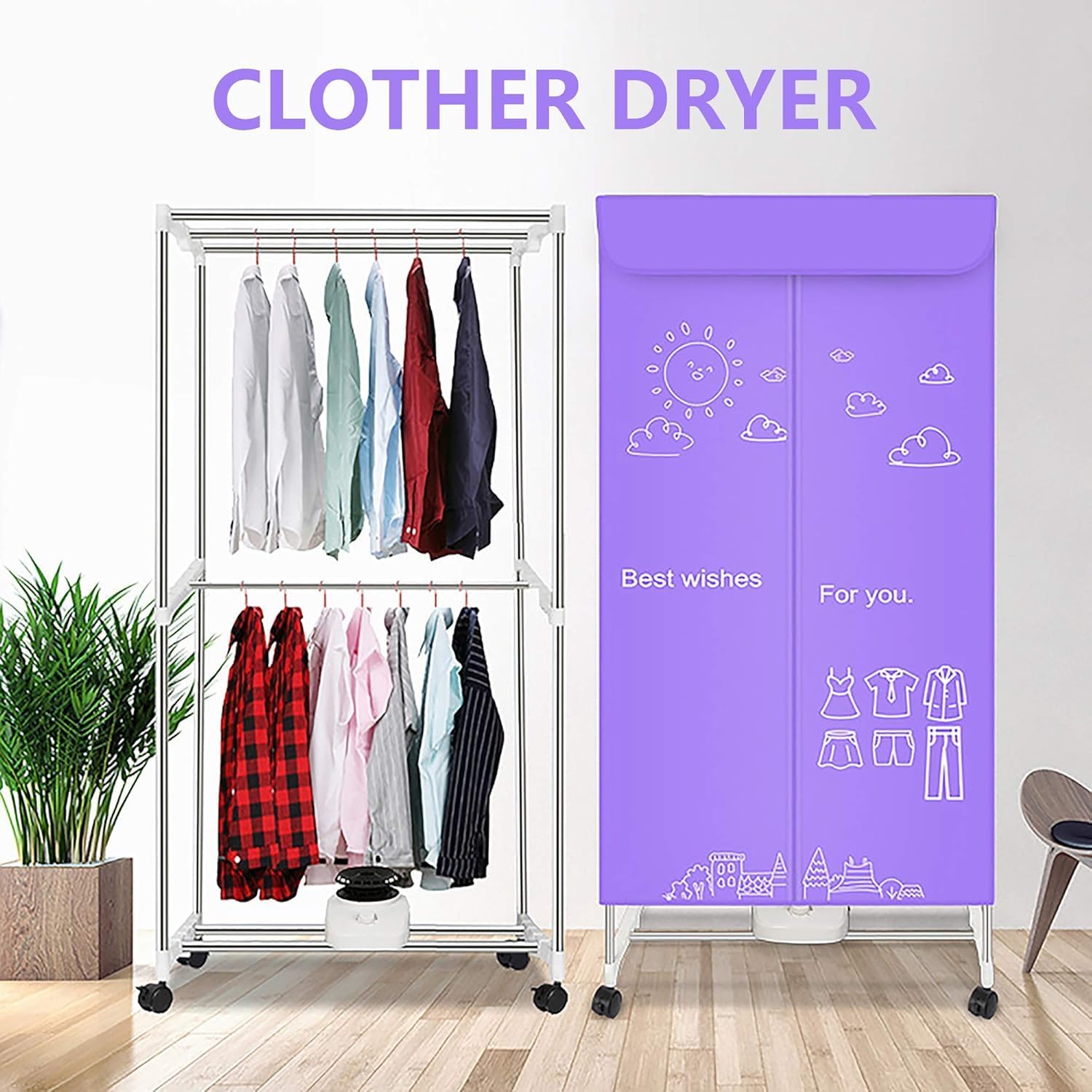 1000W Portable Electric Dryer, Double Layer Stackable Clothes Drying Rack, Rack Cabinet with Automatic Heater with 180 Minute Timer, Wine Red