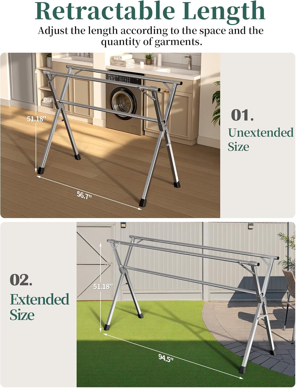 95 Inches Heavy - Duty Stainless Steel Folding Clothes Drying Rack Indoor Outdoor Anti-Rust 20 Windproof Hooks Portable & Foldable Laundry Rack (95'')