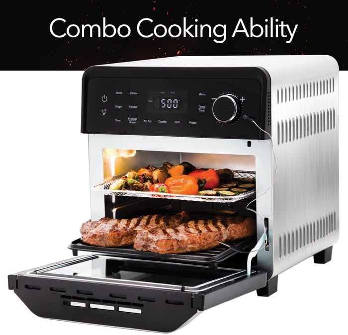 Nuwave Smart Air Fryer Oven with POWERPORT™ Plug-In Grill for Dual-Zone Efficient Cook, 100 in 1 Advanced Convection Toaster Oven Countertop w/Insulated 2-Glass Door, 550°F Preheat, Stainless Steel
