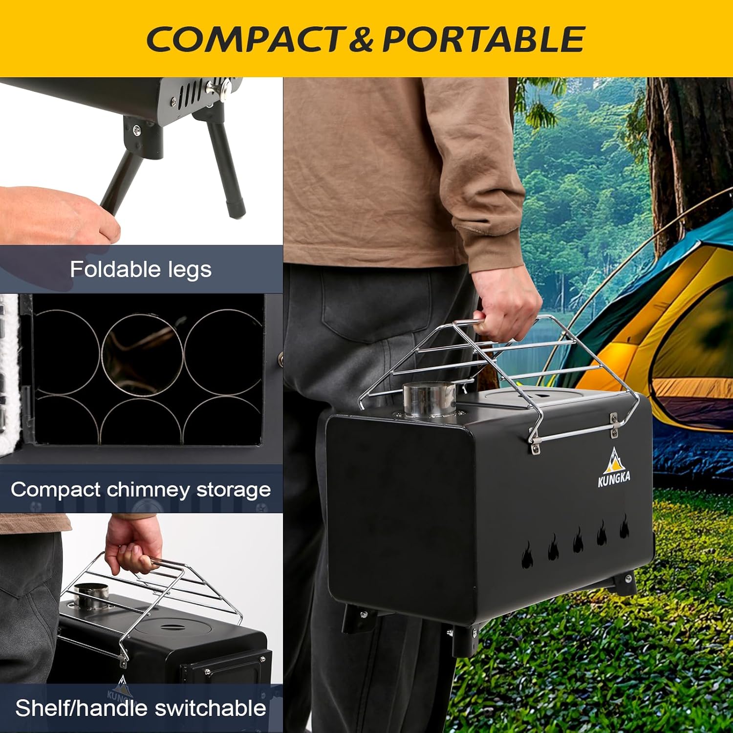 Black Wood Burning Tent Stove, 7 Section Stainless Steel Chimney, Portable Hot Tent Stove for Camping, Hunting, Ice Fishing