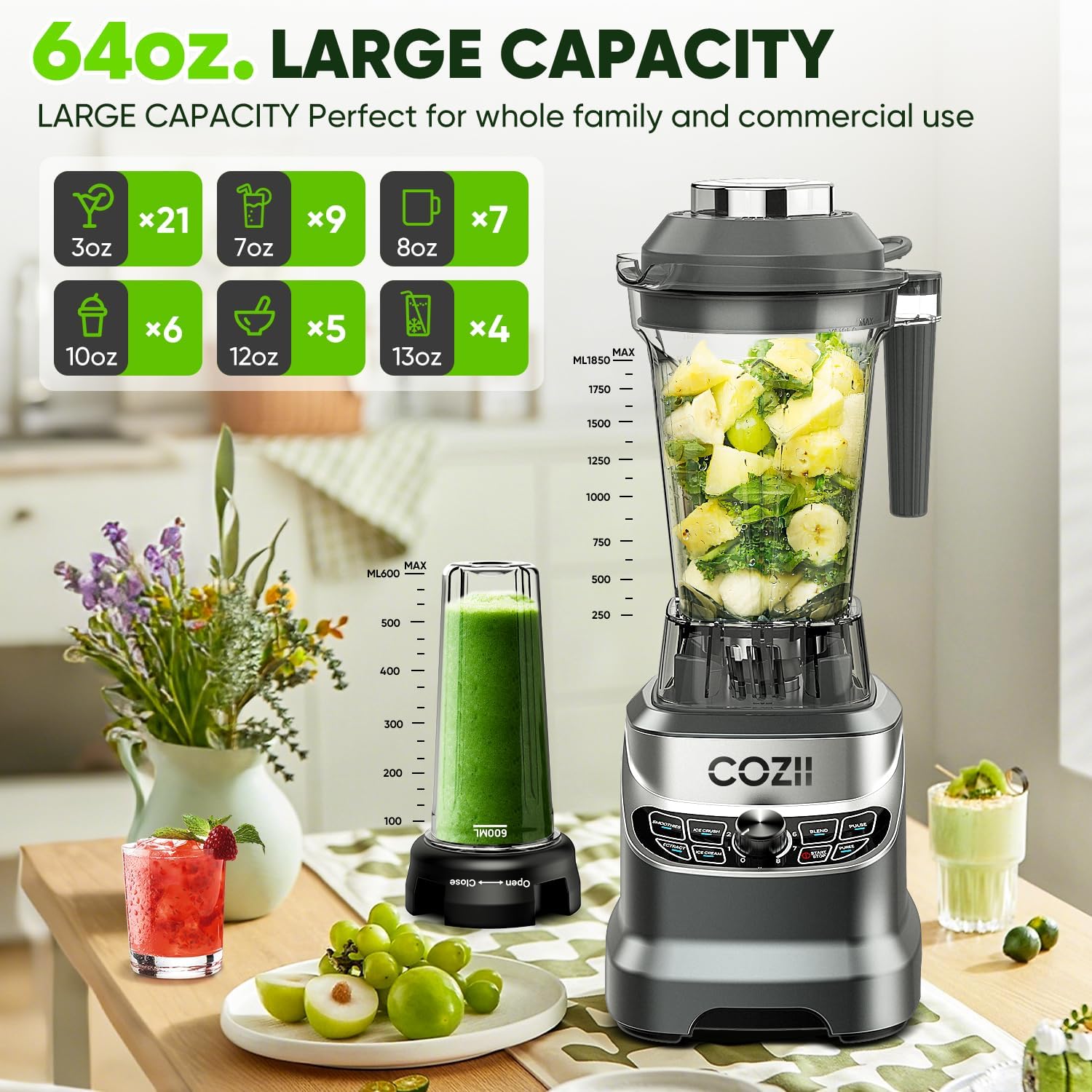 Blender 2000Watt, Countertop Blenders for Kitchen,64 Oz Pitcher/21-Oz To-go Cup, 7 Preset Programs for Ice Crush/Frozen Drinks/Nut Butter, High Speed, Dark Silver