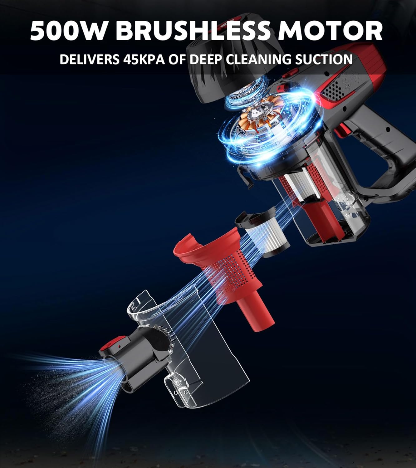 Cordless Vacuum Cleaner, 500W 45Kpa 60Mins Stick Vacuum Cleaner for Home, Self-Standing Vacuum with 1.5L Dust Cup and HEPA Filter, Anti-Tangle Brush for Hardwood Floors, Carpets, and Pet Hair