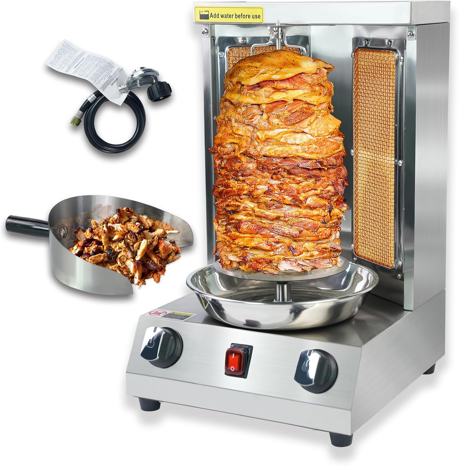Generic Shwarma Grill Machine Gas Doner Kebab Machine Shawarma Cooker Propane Turkish Gyro Meat Rotisserie with 2 Burner and Meat Catch Pan, Silver