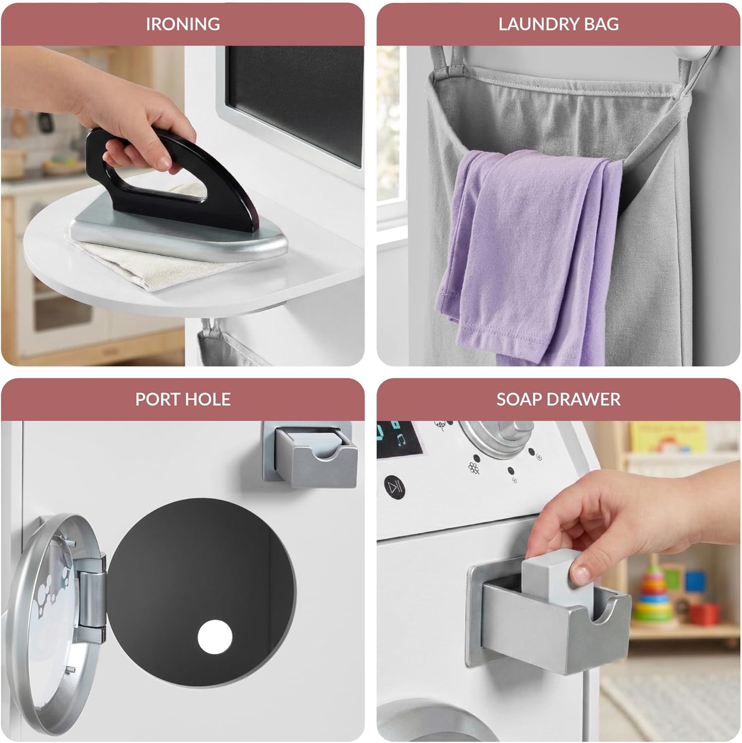 Best Choice Products Pretend Play Kids Wooden Stacked Washer & Dryer Set with Toy Laundry Storage, Space-Saving Design, with Accessories - White