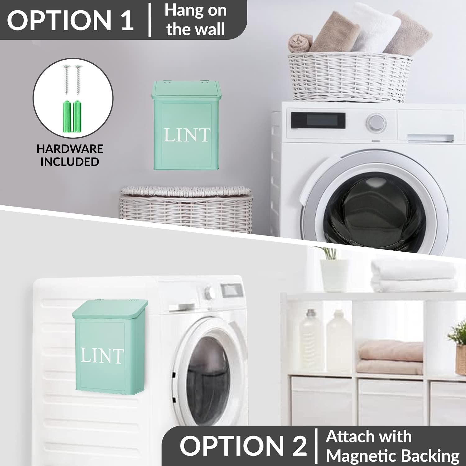 Calindiana Modern Farmhouse Lint Bin, Dryer Sheets Holder and Scent Boosters Container Bundle for Laundry Room Organization and Storage, Laundry Room Decor, Mint