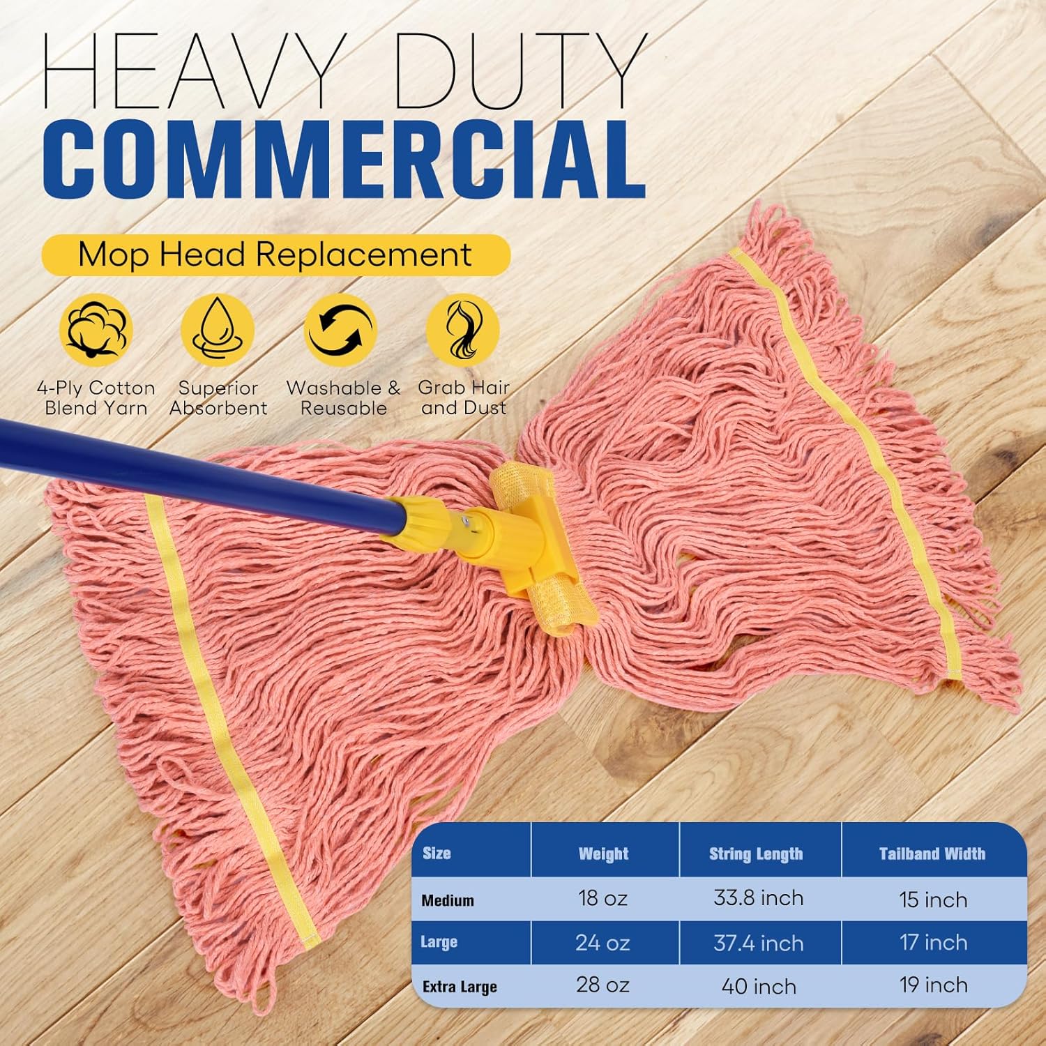 Matthew Cleaning Commercial Mop Head Replacement, 5 Inch Wide Headband, Looped End Cotton Blend String Wet Mops for Floor Cleaning, 18 oz Medium, Case Pack 12 Pcs Orange