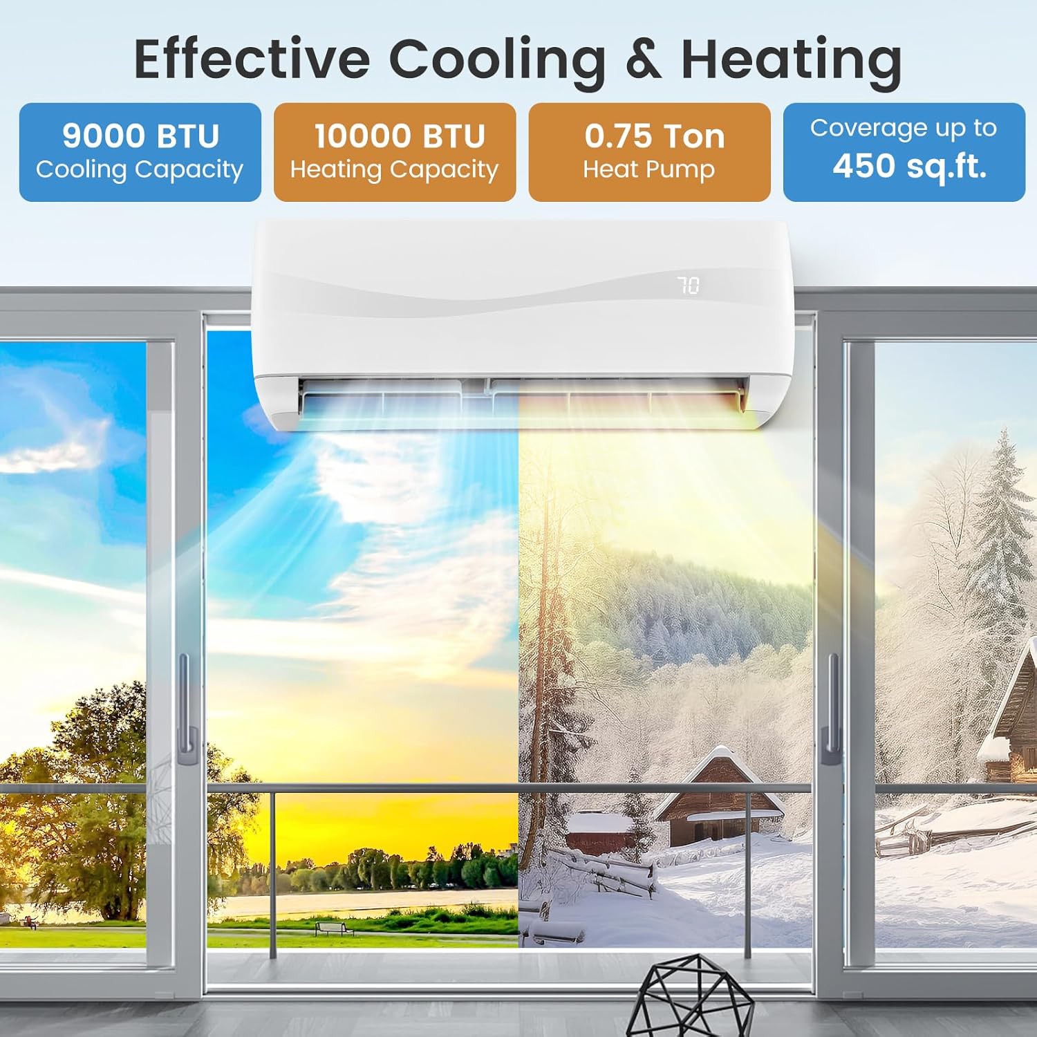 ARLIME Mini Split AC, 9000 BTU Inverter Air Conditioner & Heater w/ 0.75 Ton Heat Pump, 19 SEER2, 115V, Cools up to 450 sq. Ft, Pre-charged w/ R32 Refrigerant, Wall AC Unit with Installation Kit