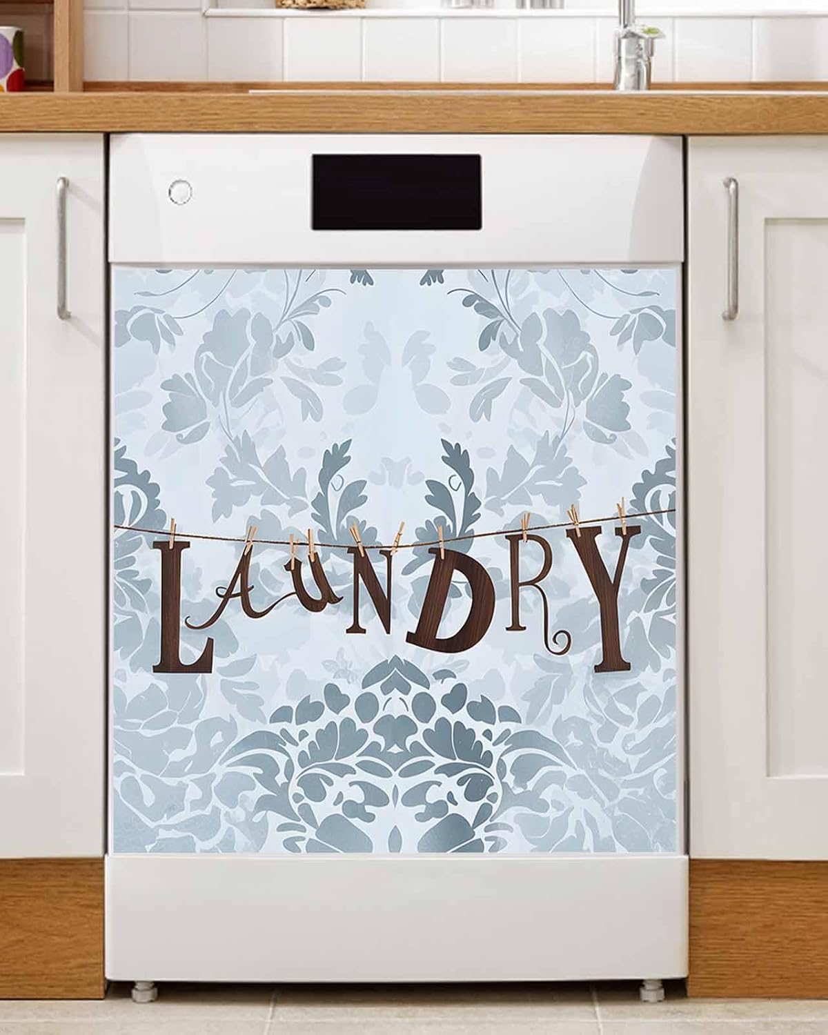 Dishwasher Magnet Cover, Laundry Blue Dishwasher Lid Magnetic Kitchen Sticker, Vintage Boho Modern Country Style Flower Resuable Refrigerator Magnet Covers Decal Fridge Kitchen Appliance 23''x26''