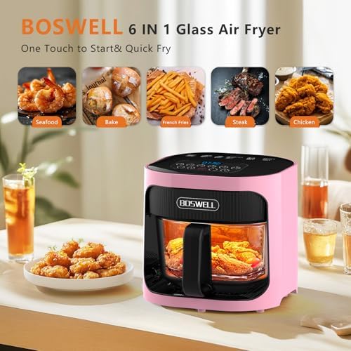 BOSWELL 6 in 1 Glass Air Fryer,4.5QT Air Fryer with Transparent Glass Pot,Circulating Air Heating, Bake, Broil, Air Fry, Temperature Control, Dishwasher Safe (Pink)