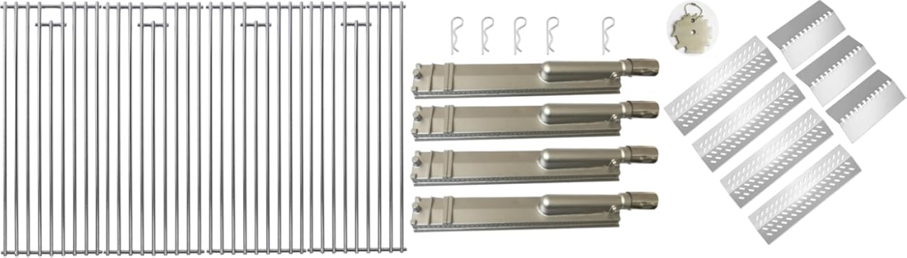 Heavy Duty Cast Stainless Steel BBQ Grill Burners + 7mm Grates + Heat Plate Replacement Parts Set for Premium Gas Grills from Bull, Cal Flame, Lion