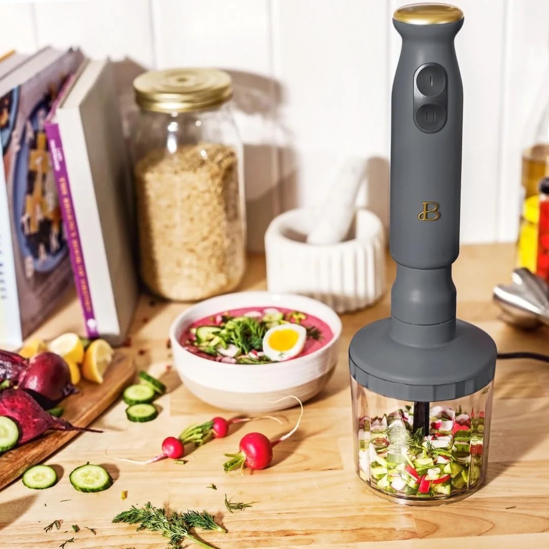 Beautiful 2-Speed Immersion Blender with Chopper & Measuring Cup, Stainless Steel Shaft, Quiet 250W Motor, Cornflower Blue Finish, Dishwasher Safe, Includes Whisk & 24 oz Beaker (Oyster Gray)