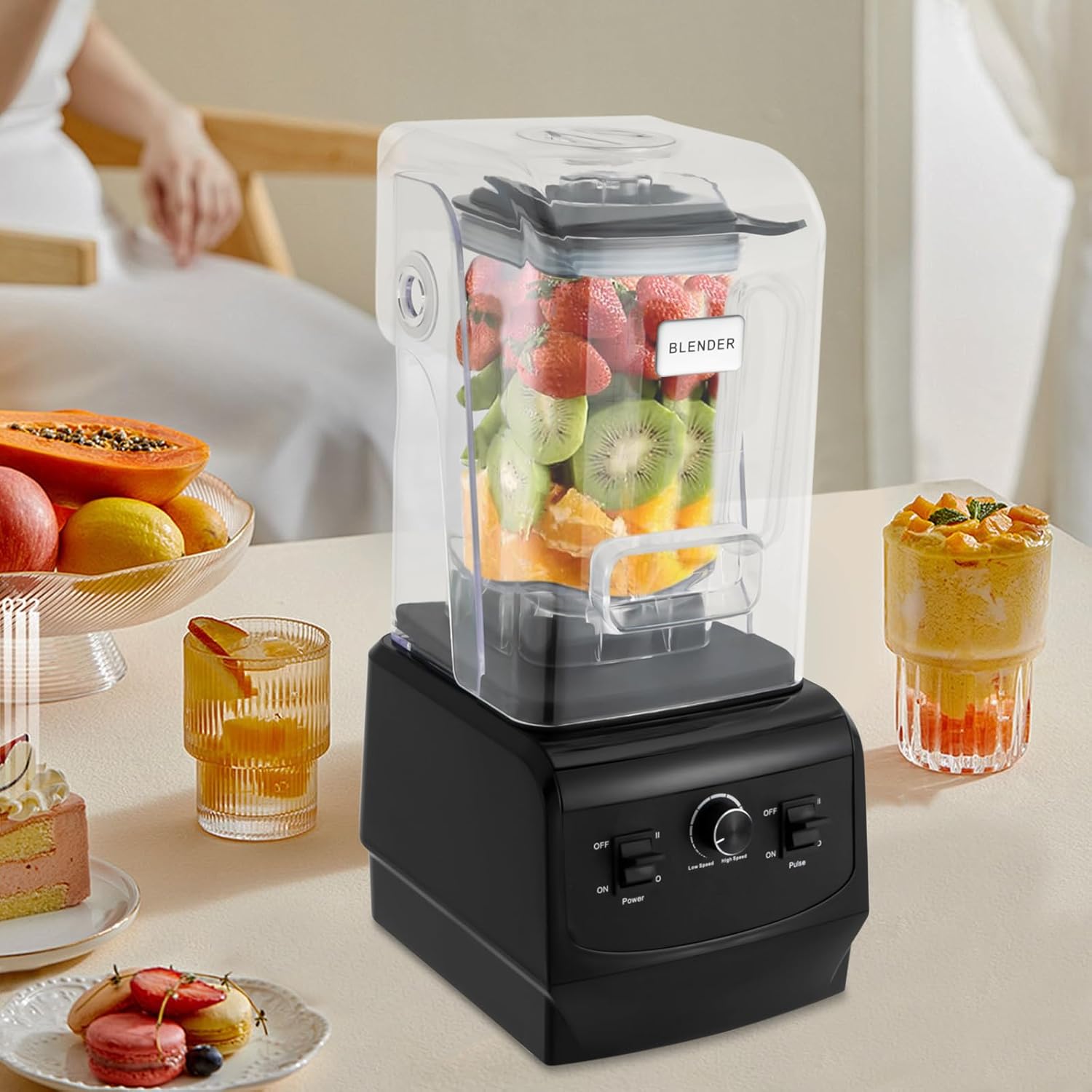 Commercial Blender with Shield Quiet Professional Blenders for Kitchen Restaurant 6 Stainless Steel Blade Heavy Duty Blender for Smoothies Frozen Drinks Ice Cream (2.2L,2200W,Black)