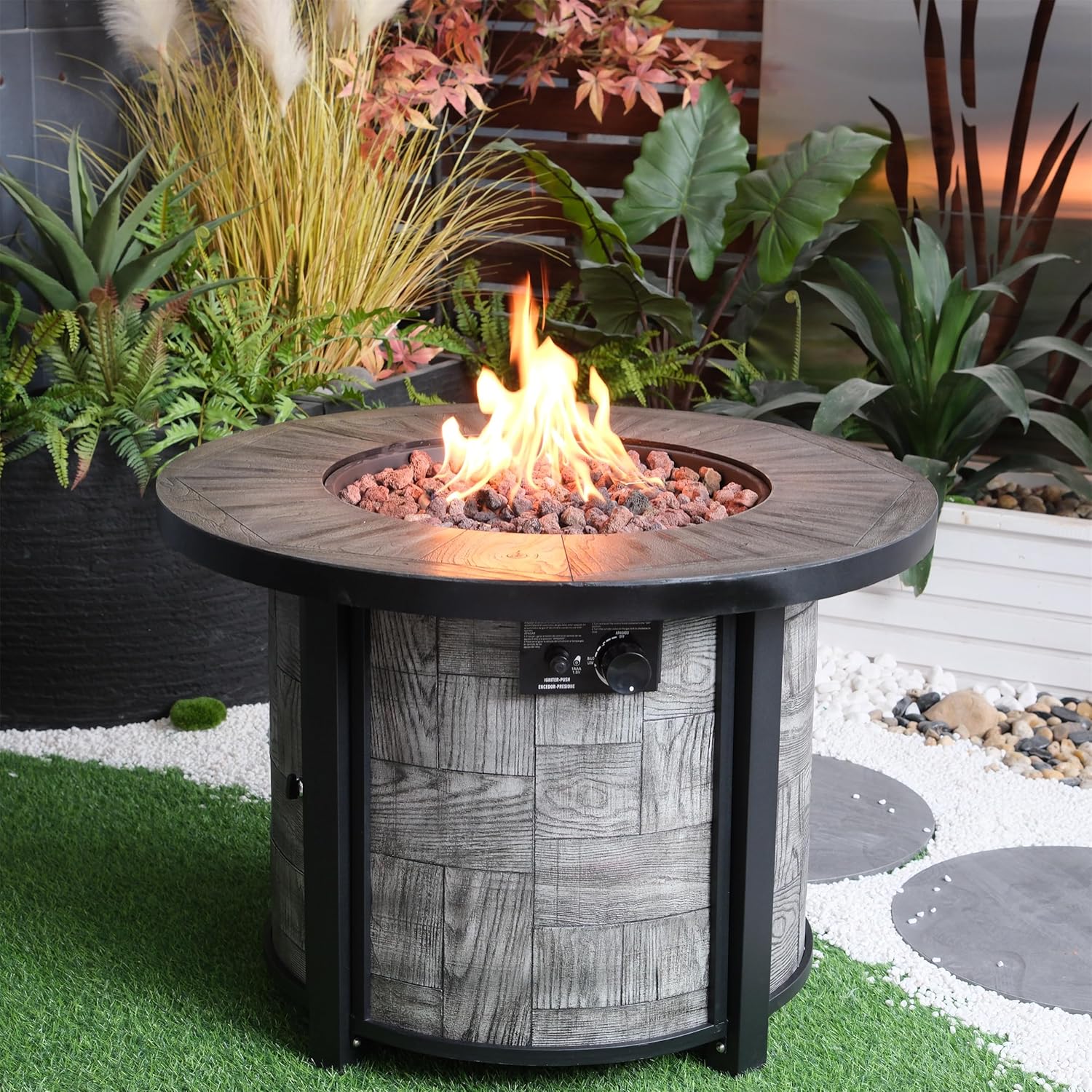 Square Stonecrest Outdoor Propane Fire Pit – 50,000 Btu Concrete Gas Fire Table with Lava Rocks & Acacia Wood Cover for Patio, Deck, Backyard (1 Doors)