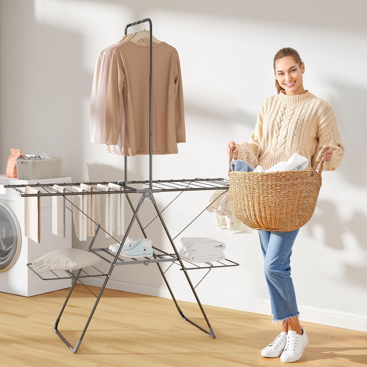 Bigzzia Clothes Drying Rack Foldable, 68.9Inch High Hanger Laundry Drying Rack with 4 Height-Adjustable Wings, Lightweight and Space Saving Clothes Airer for Apartments, Dorms, Camping