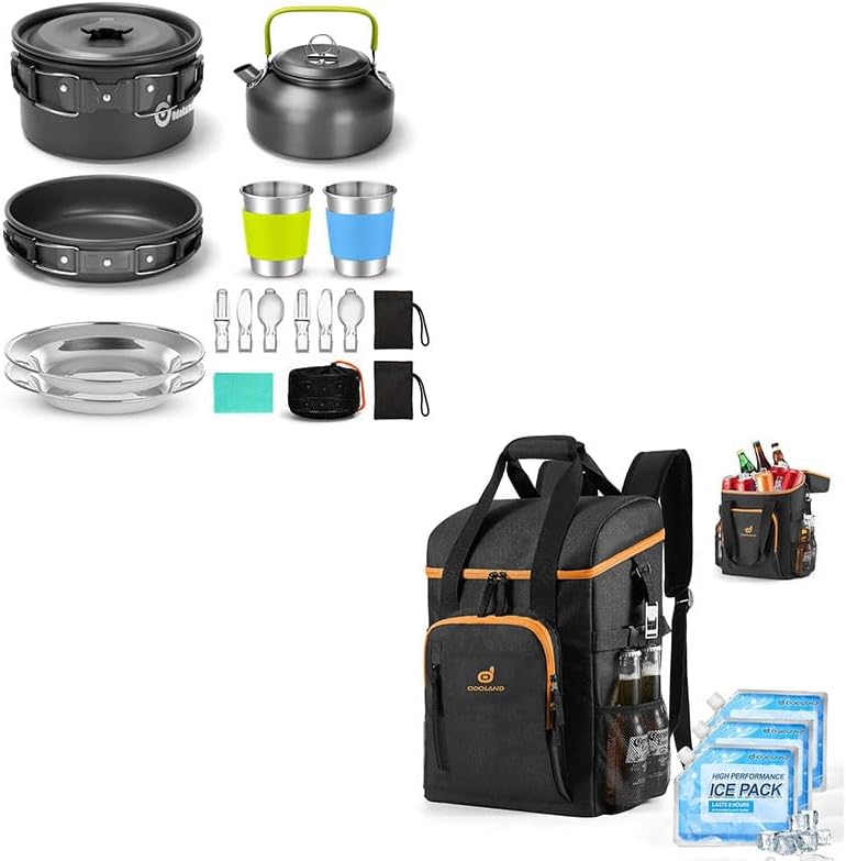 Odoland Bundle - 2 Items 15pcs Camping Cookware Mess Kit and 30 Cans Small Cooler