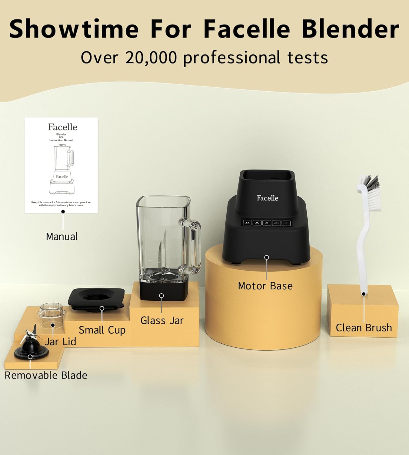 Smoothie Blender, Facelle Countertop Blender for Kitchen, 55 oz Glass blender for smoothies and Shakes, Licuadora, Smoothie maker with touchscreen 3+P Speeds, Cleaning brush ＆ removable SS304 blade
