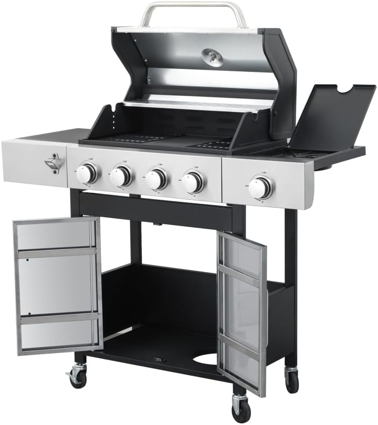 4-Burner Propane Gas BBQ Grill with Side Burner, 46790BTU Output With Enameled Cast Iron Cooking Grids For Outdoor Barbecue, Stainless Steel