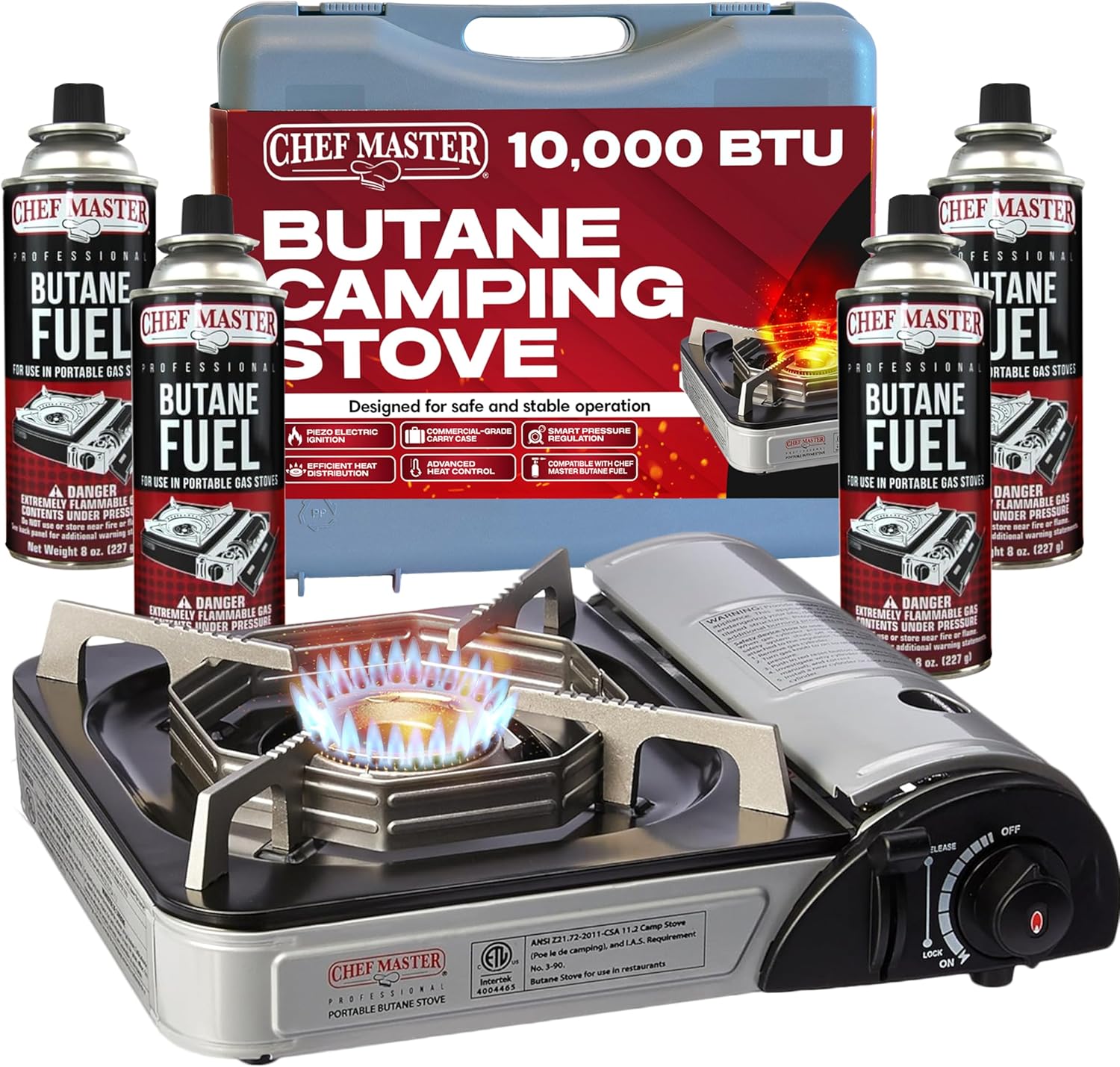 Chef-Master 90011 Butane Countertop Stove, 10 000 BTU Portable with Carry Case, High Performance, Piezo Ignition, Brass Burner, Safety Stop