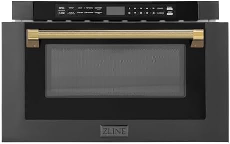 ZLINE Autograph Edition 24 in. 1.2 cu. ft. Built-in Microwave Drawer in Black Stainless Steel and Polished Gold Helix Handle (MWDZ-1-BS-H-KG)