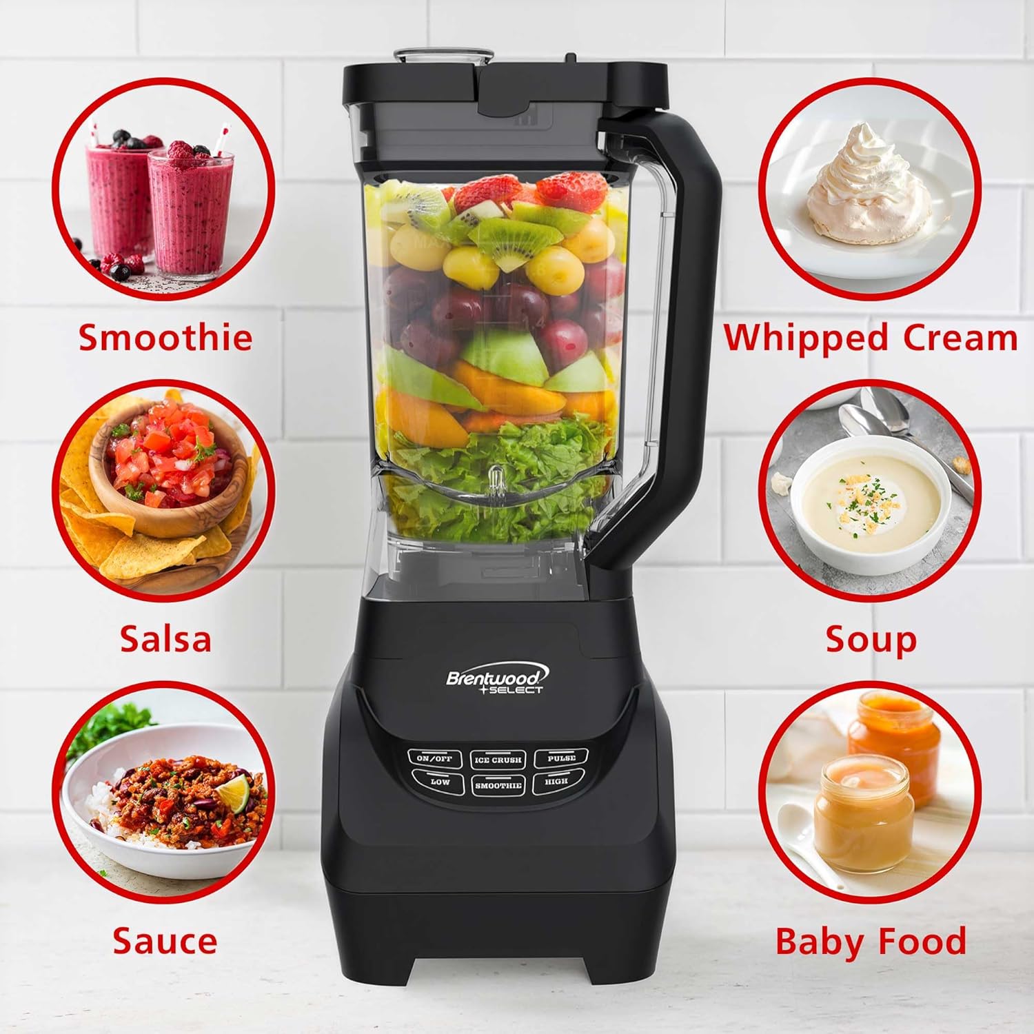Brentwood Select JBS-1000BK Professional Smart Blender with 1000w Ice Crushing Power, Large 8.5-Cup Plastic Jar, Stainless Steel Blades, Non-Slip Base, Dishwasher-Safe Parts, Black