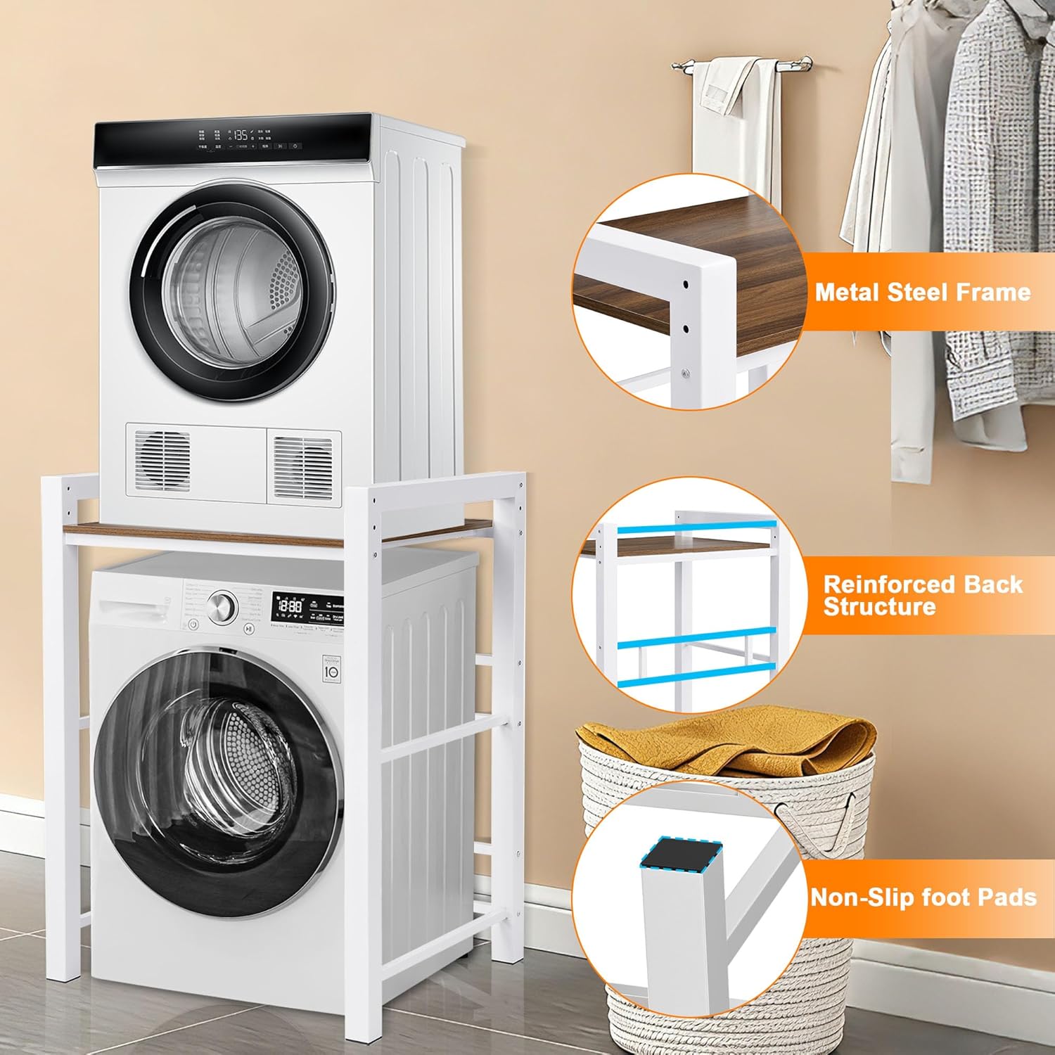 Washer Dryer Stacking Rack, 660lbs Capacity Heavy Duty Washer and Dryer Stacking Stand, 3 Adjustable Height Washing Machine Shelf for Compact Apartment, Laundry Rooms, Bathrooms and RV (White)