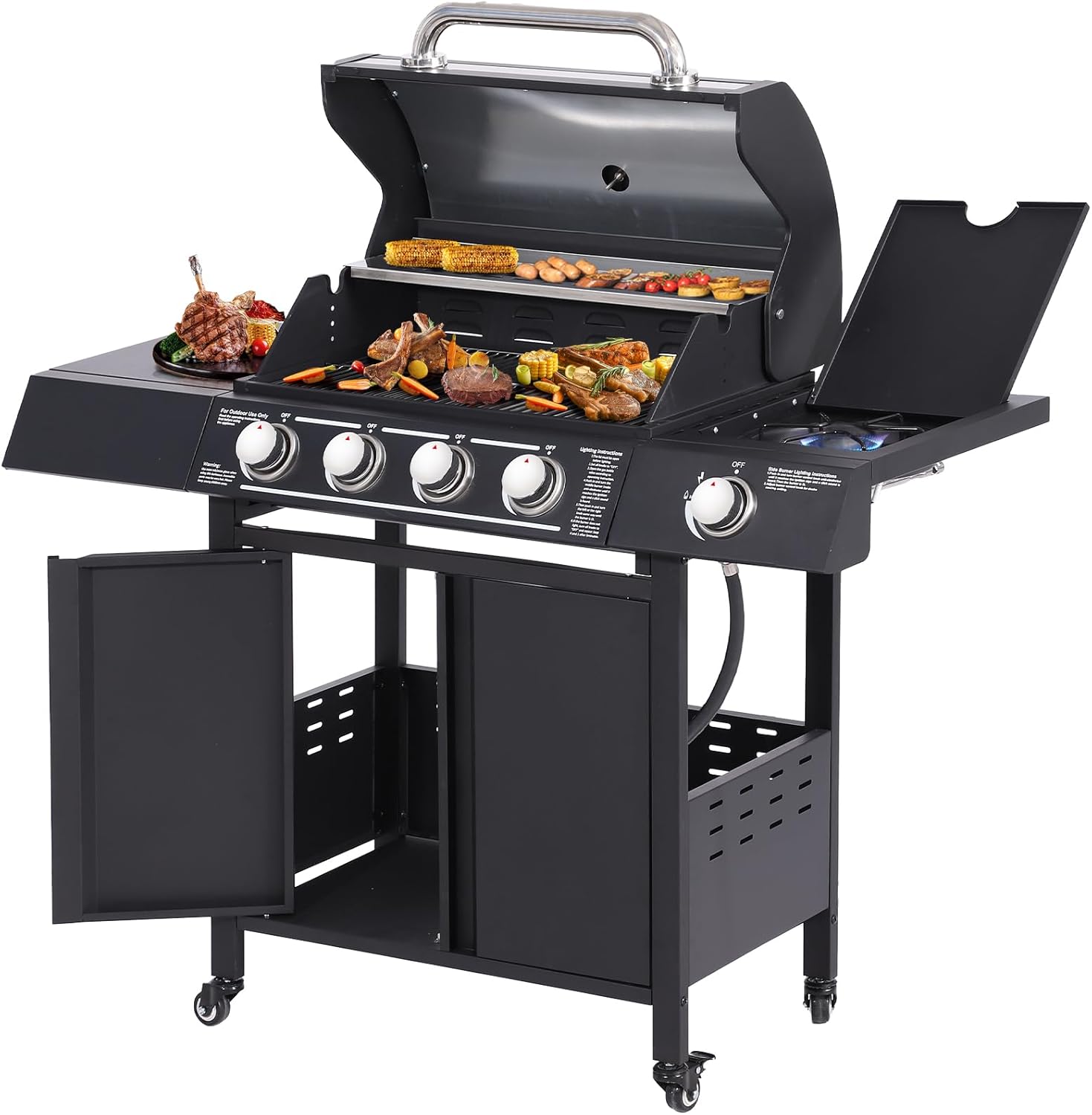 Four-burner Propane Gas Grill with Stainless Steel Double Roast Area and Side Burner,Lockable Universal Wheels, Outdoor Garden BBQ and Cooking Grills (Black)