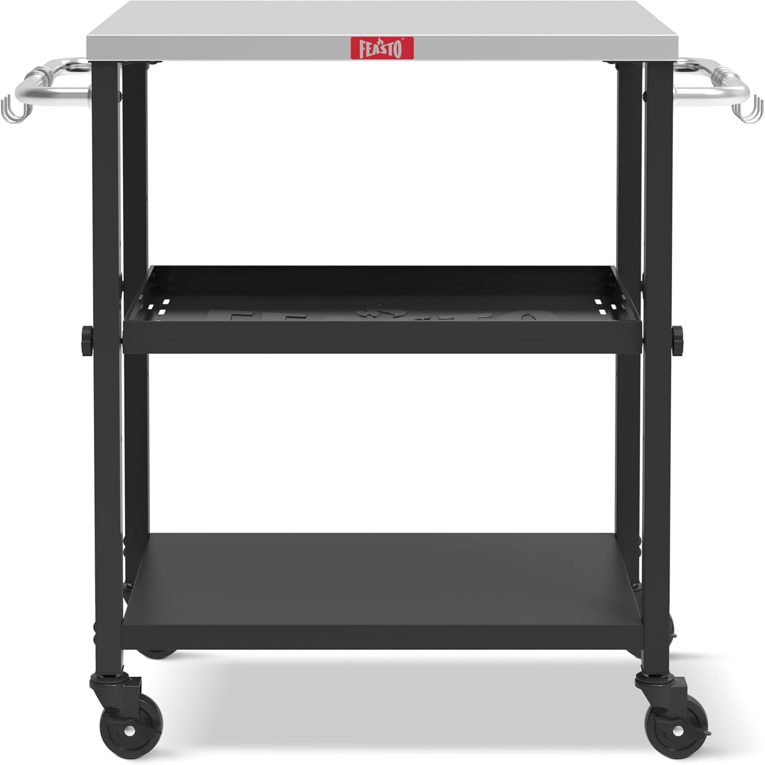 3-Shelf Grill Table, Pizza Oven Stand with Shelf, Movable Pizza Oven Grill Cart, Grill for Outside, Outdoor Bar Cart with Wheels, Stainless Steel top, L26.6xW16.1