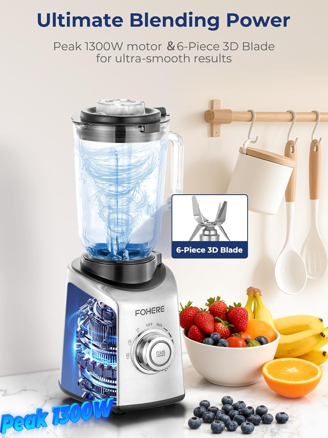 FOHERE Professional Blender Peak 1200W, Countertop Blender with 3 Presets＆ 5 Speeds for Smoothies, Shakes, and Frozen Drinks, 50 Oz Glass Jar ＆20 Oz Tritan Jug