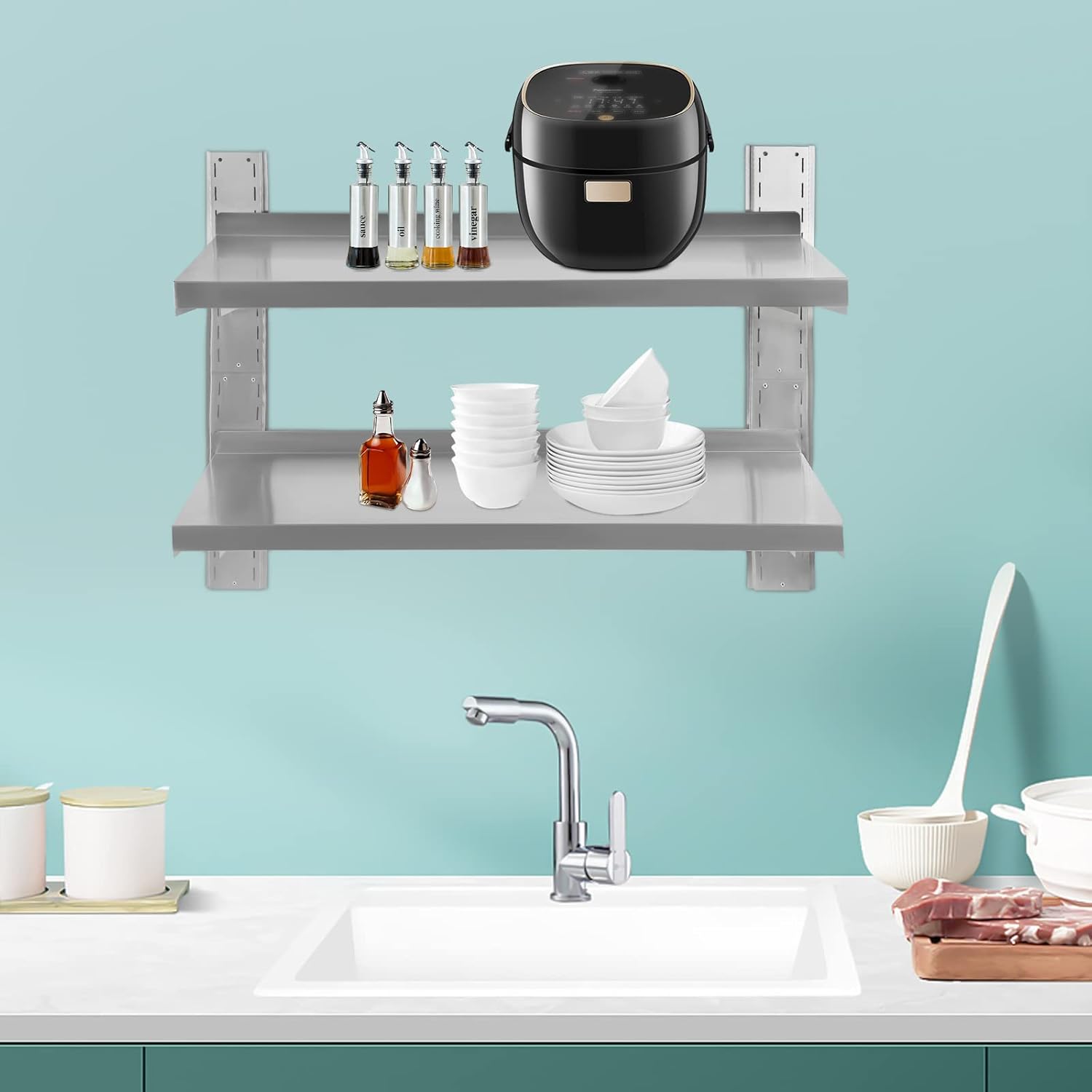 DYRABREST Double-Layer Stainless Steel Shelf, Commercial Use Wall Mount Floating Shelving for Restaurant, Bar, Home, Kitchen, Laundry, Garage, Industrial Appliance Equipment, 39.4