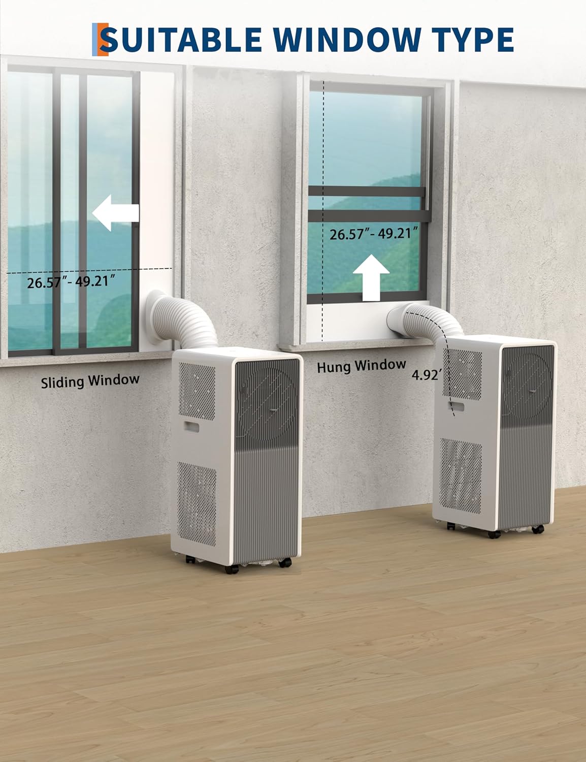 14,000 BTU Drainage-free Portable Air Conditioner for Indoor Rooms, 3 in-1 AC Unit for Bedroom 225-300 Sq.Ft, Dehumidifier, Fan, Sleep Mode, 24 Timer, Remote Control, Window Kits, Grey