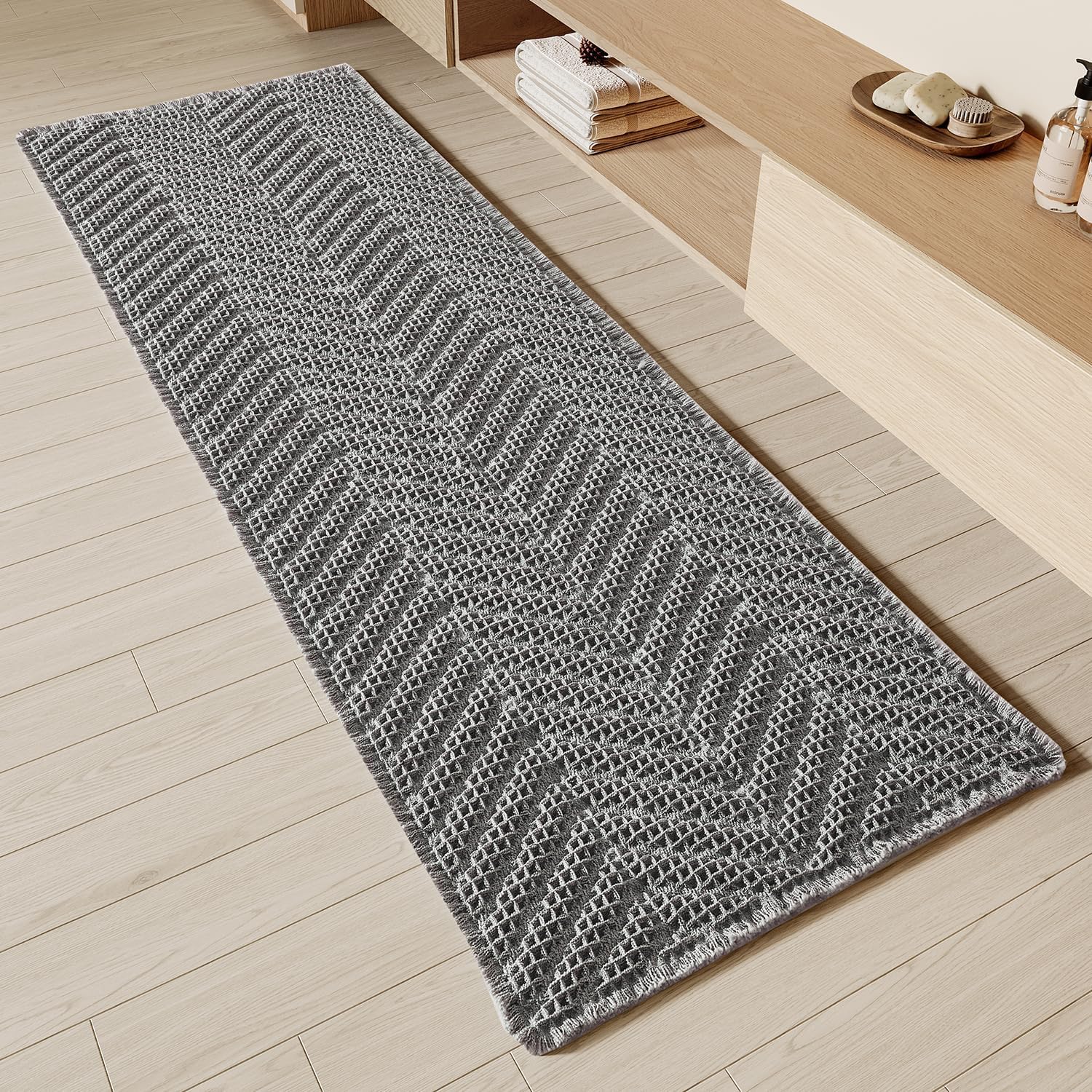 Bathroom Runner Rug Super Absorbent Non Slip Long Bath Mat Machine Washable Boho Bathroom Rugs Quick Dry Rug Runners for Hallway Bedroom Laundry Room,Grey, 2'x 6'(24