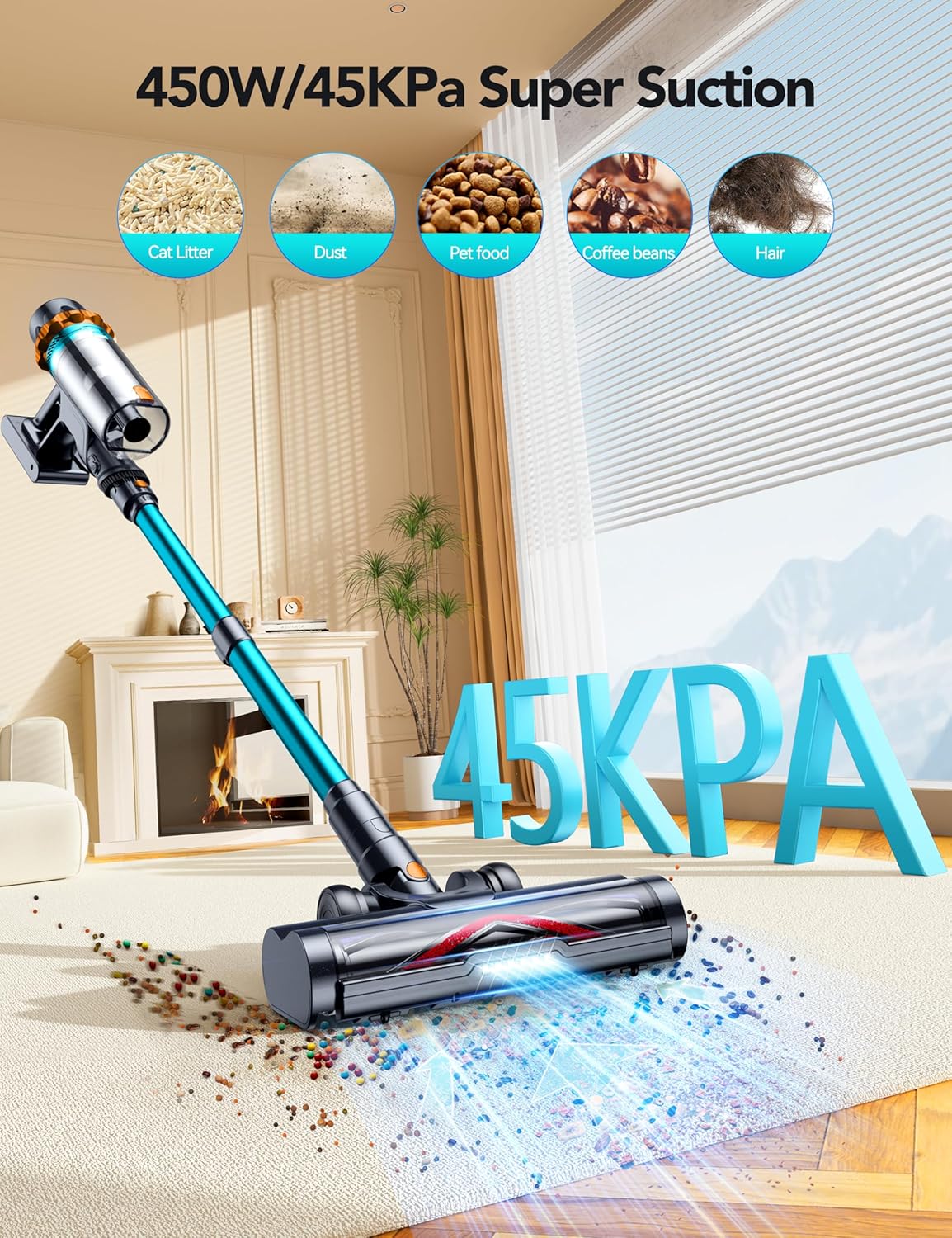 450W 45Kpa Cordless Vacuum Cleaner, Powerful Lightweight Stick Vacuum with LED Headlights & Brushless Motor & 45 Minutes Runtime, Household Vacuum Cleaners for Home Pet Hair Carpet Hardwood