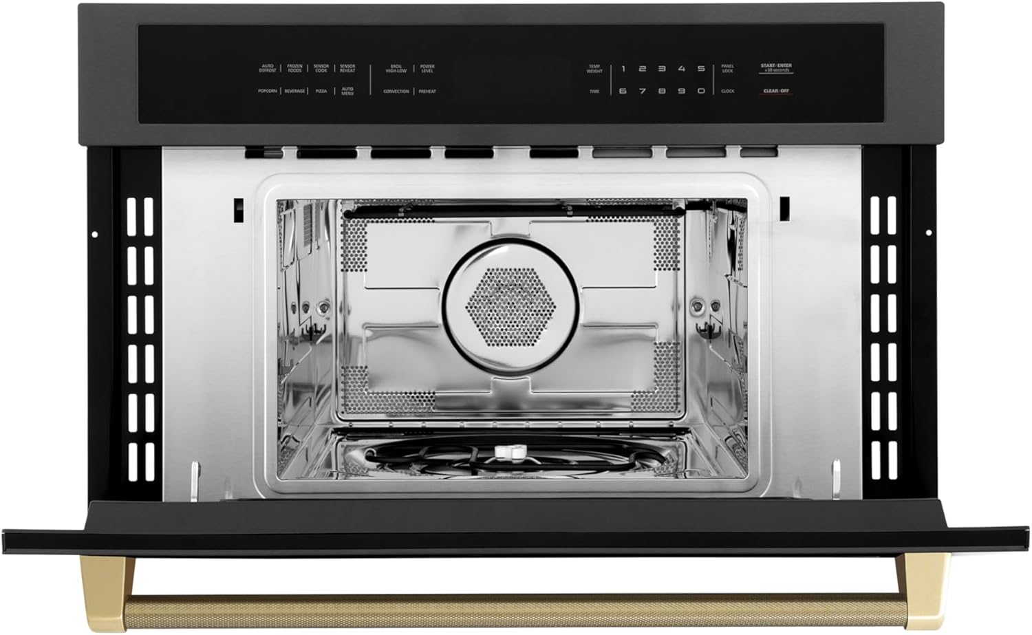 ZLINE Autograph Edition 30 in. 1.6 cu ft. Built-in Convection Microwave Oven in Black Stainless Steel and Champagne Bronze Helix Handle (MWOZ-30-BS-KCB)