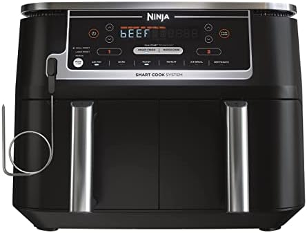 Ninja DZ550 Foodi 10 Quart 6-in-1 DualZone Smart XL Air Fryer with 2 Independent Baskets, Smart Cook Thermometer for Perfect Doneness, Match Cook & Smart Finish to Roast, Dehydrate & More, Grey (Renewed)
