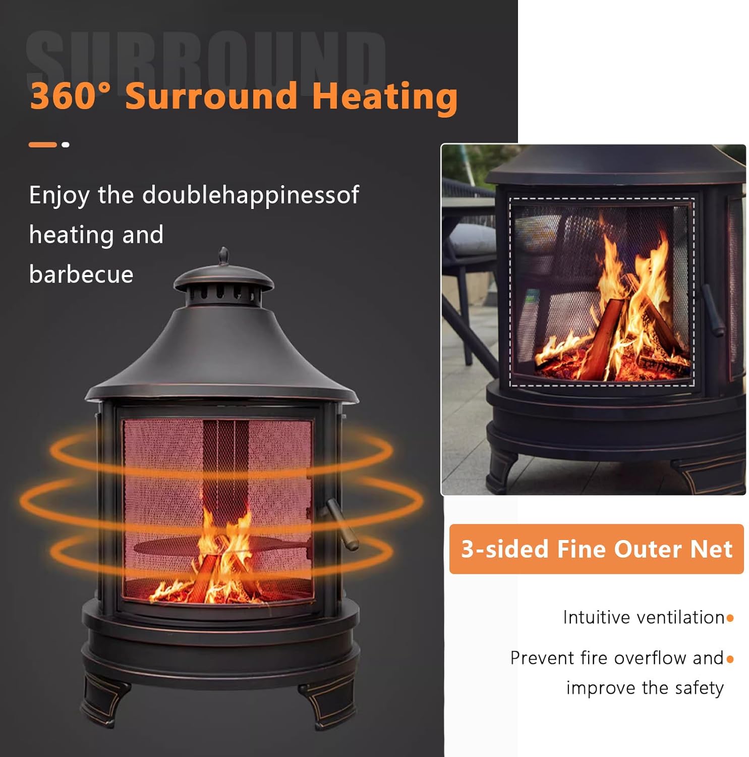 2 in 1 Fire Pit for Outdoor, Wood Burning Fire Pit & Metal Chiminea Fireplaces with Spark Screen Doors & Grill Grate, for Outside Patio Garden Backyard Bonfire Party