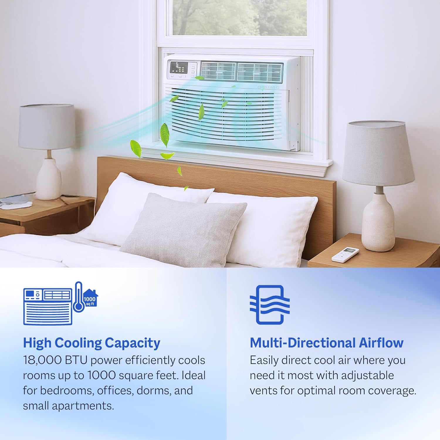 Cool-Living 18,000 BTU Window Mount Room Air Conditioner with Installation Kit and Remote Control, Cools Rooms Up To 1000 Square Feet, White
