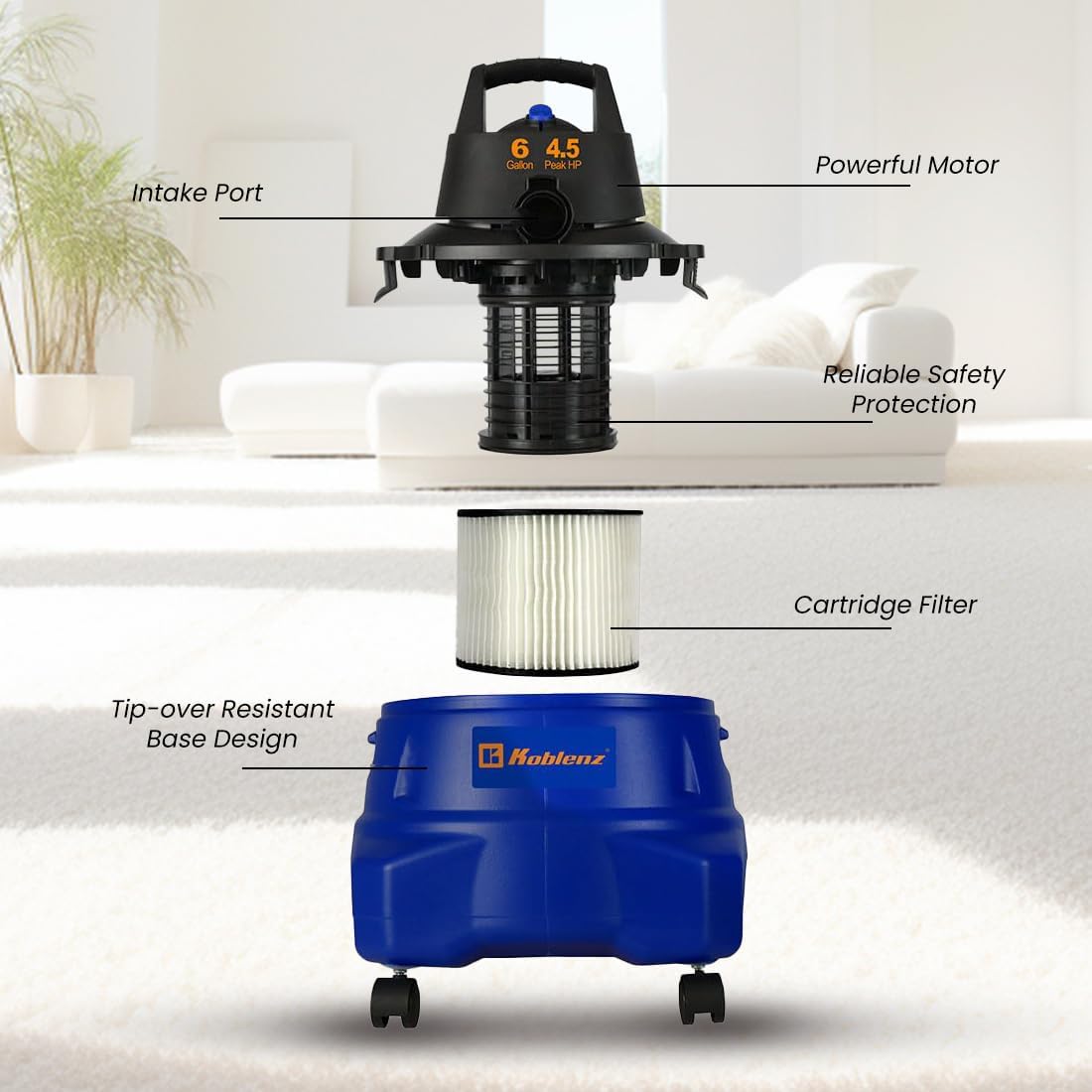 Koblenz Wet-Dry Vacuum Cleaner, 6-Gallon Tank, Superior 4.5 Peak HP Motor, Lightweight Vacuum Cleaner and Blower, Tackles Dry and Wet Messes, Accessories Included, Black+Blue (WD-6 L212)