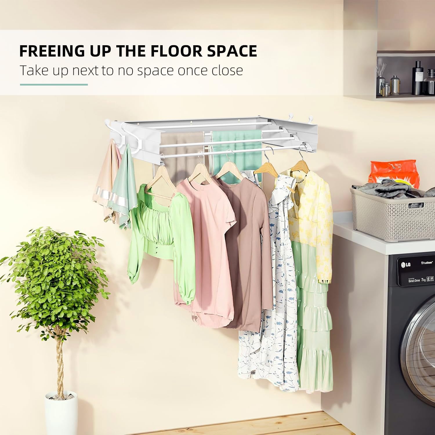 Laundry Drying Rack, Collapsible Wall Mounted Clothes Drying Rack - Foldable,Space Saving, 13.2 Linear Ft, 4 Aluminum Rods, 60 lb Capacity (White, 23.6