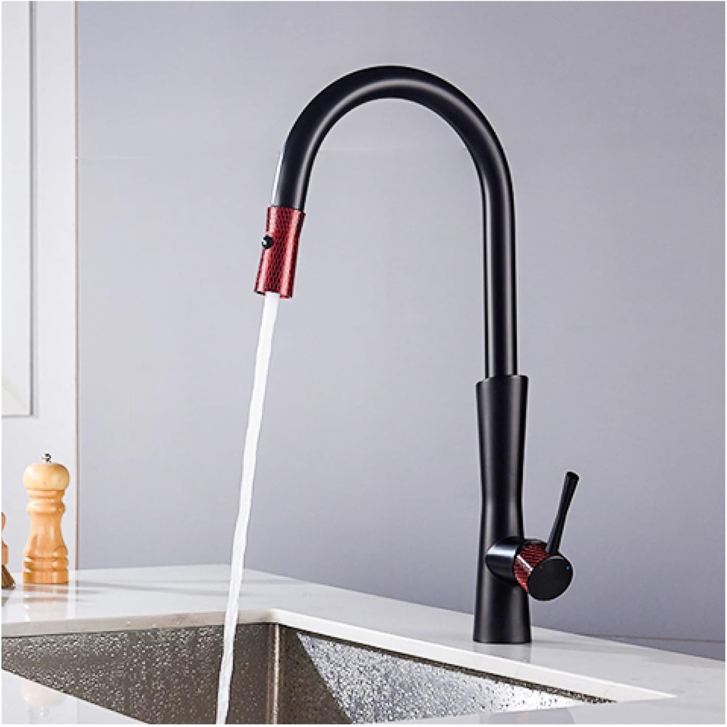 All Copper Casting Kitchen Faucet Dual-Mode Outlet Water Cooling and Heating Dual Control Single Handle Design Sink Faucet(Color:Black-Gold)