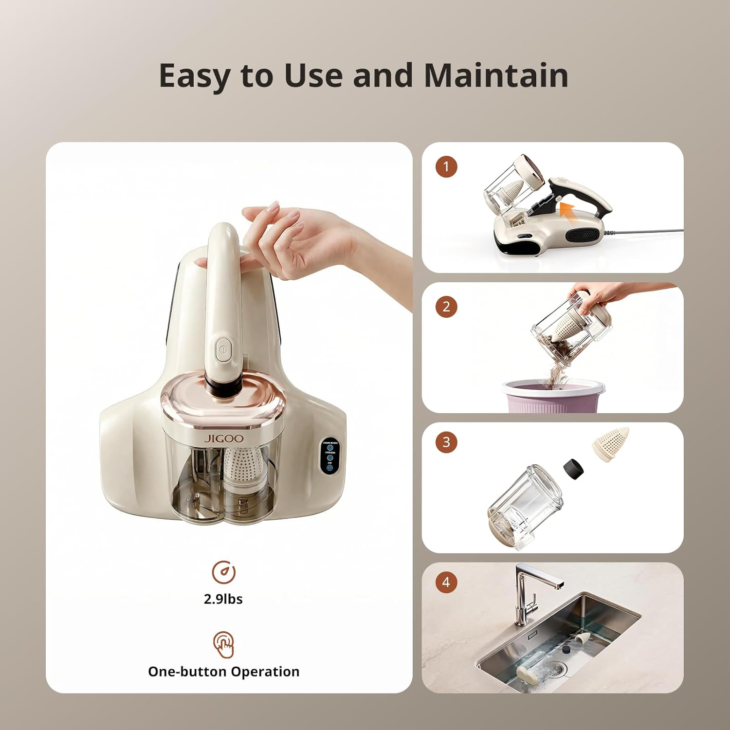 JIGOO Mattress Vacuum Cleaner UV Sanitizing, Anti-allergen Bed Cleaner with 12Kpa Suction, Handheld Vacuums for Dust & Pet Hair, Effectively Clean Up Bed, Pillows, Cloth Sofas, Carpets