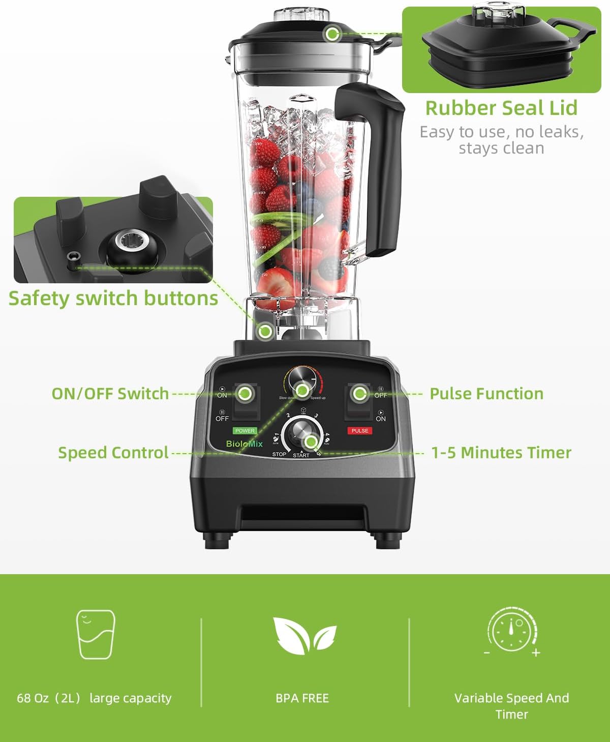 BioloMix Professional Smoothie Blender - 2200W, 68 Oz Capacity, High Speed Blender for Shakes, Smoothies, Ice Crushing, Frozen Fruits (with Extra Parts+600ML Grinding Cups)