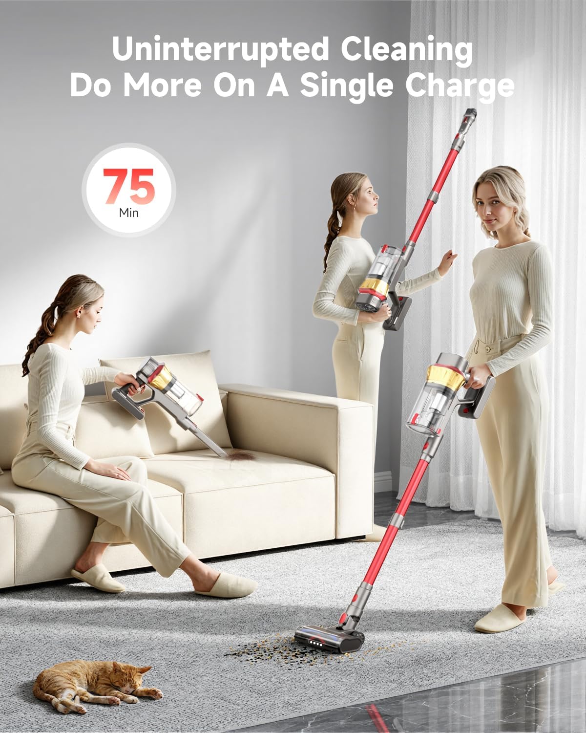 Vacuum Cleaners for Home, 650W 55KPA Cordless Vacuum Cleaner, 75 Mins 2L Double Dustcup Stick Vacuum Cordless Rechargeable, Anti-Tangle & Wall Mount Charging, for Hard Floors Carpet Pet Hair