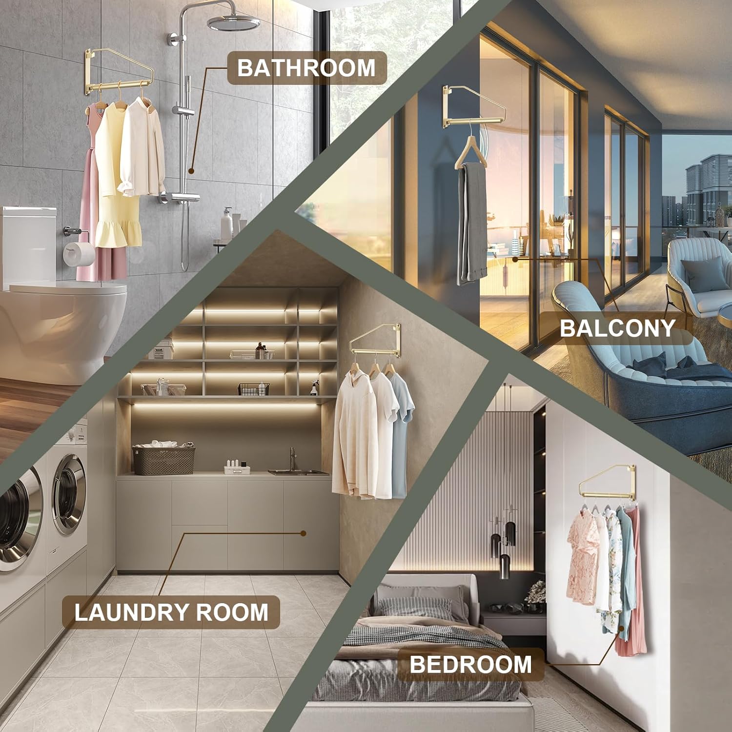 NEWRAIN Folding Wall Mounted Clothes Hanger Rack Clothes Hook Solid Brass with Swing Arm Holder Clothing Hanging System Closet Storage Organizer Heavy Duty Drying Rack Wall Mount,Brushed Gold