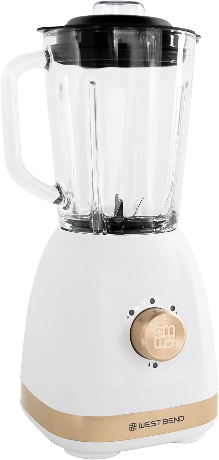 West Bend Timeless 5-Speed Multi-Function Blender, 48 oz Glass Jar with 20 oz Travel Cup, LED Controls, White/Gold
