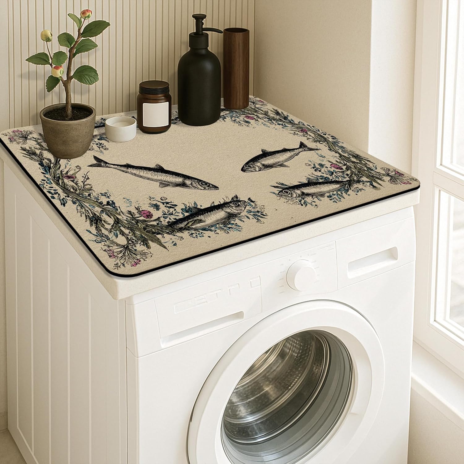 Vintage Fish Washer Dryer Top Protector Mat, Retro Aquatic Design Laundry Machine Dust Covers, Nature Inspired Rubber Anti-slip Waterproof Washer And Dryer Mats for Home 24x24 Inch