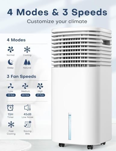 4-IN-1 Portable Air Conditioners, Evaporative Air Cooler w/4 Modes & 3 Speeds, 15H Timer for Smart Auto-off, 2-Gal Tank for 20H Cooling,17FT Remote,No Hose Needed,120°Oscillating Swamp Cooler