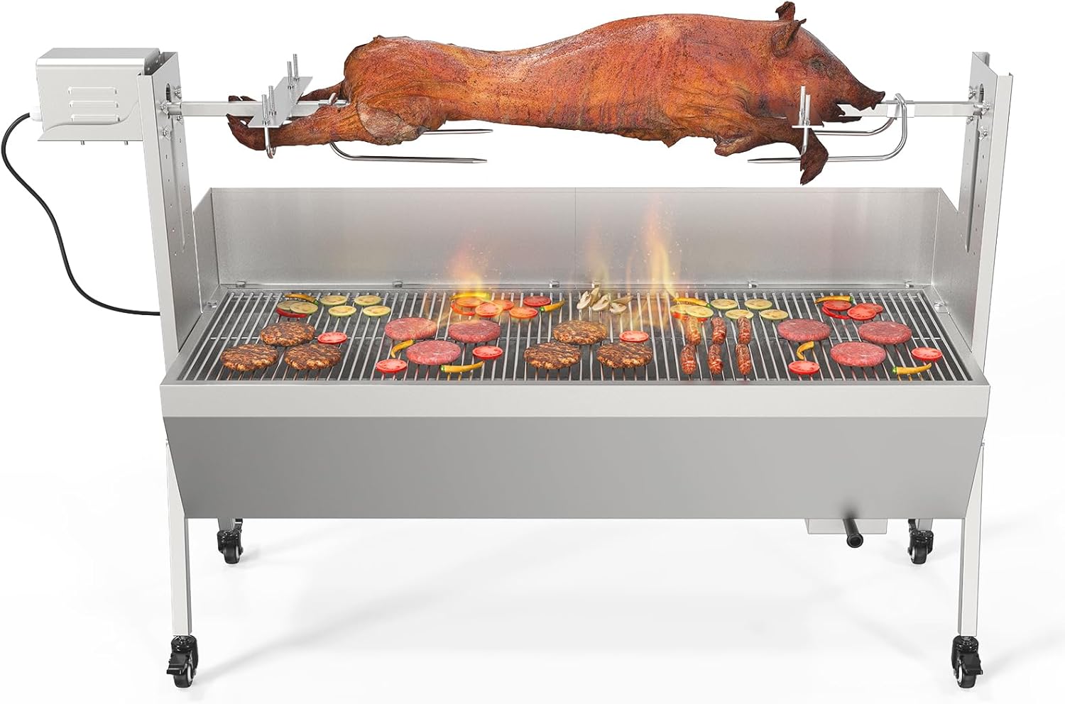 ROVSUN Rotisserie Grill with Windscreen, 46 Inch 176 Lbs Capacity, BBQ Outdoor Pig Lamb Goat Charcoal Spit Roaster, Stainless Steel Rotisserie Grill for Camping Barbecue Party